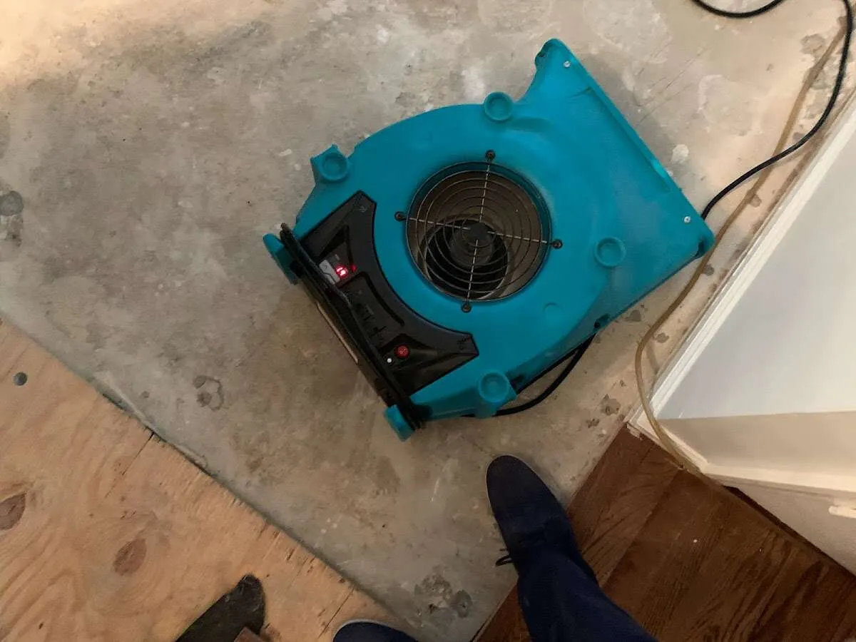Air mover drying subfloor during Commercial Water Damage Restoration in Essex